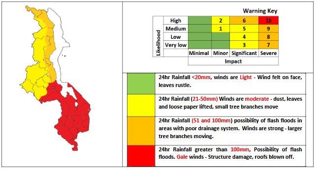 The torrential rains will be accompanied by possible damaging winds with high likelihood of flash flooding in the areas highlighted in colours red, orange and yellow.