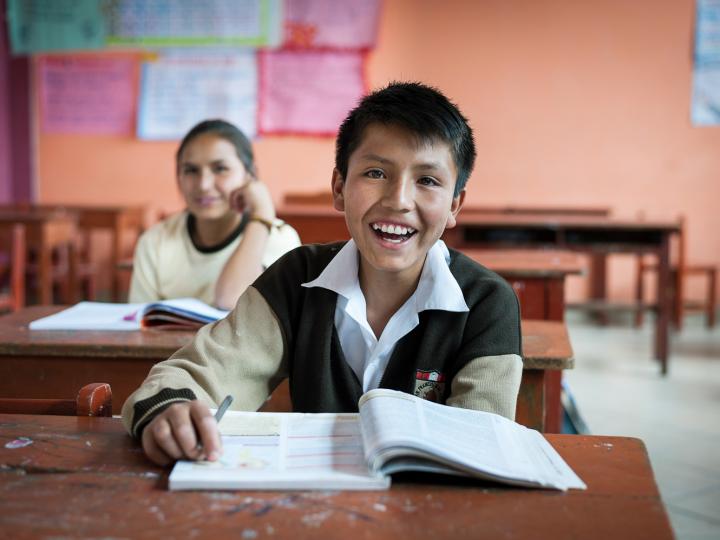 Image shows boy with textbook in school classroom